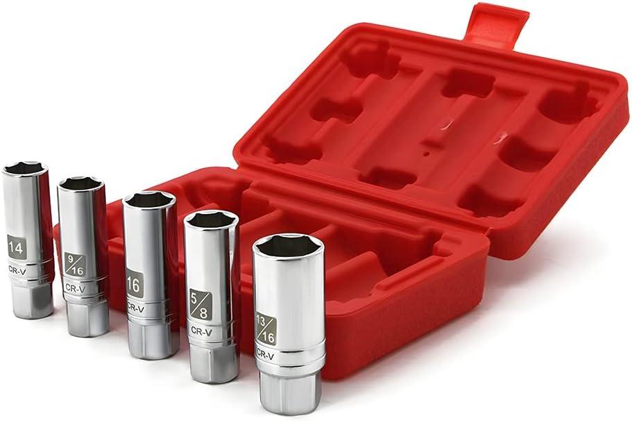 5PCS Magnetic Spark Plug Socket Set Includes 14mm 16mm Thin Wall Socket and 9/16-inch 5/8-inch and 13/16-inch Sockets 3/8-inch Drive Magnet Retains Spark Plugs