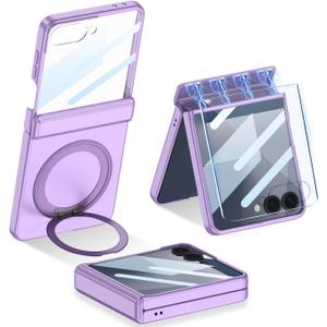 Magnetic Case for Samsung Galaxy Z Flip 7 with & Ring Kickstand & Screen Protector & Magnetic Hinge Protection, [Support Wireless Charging ] Slim Hard PC Shockproof Cover for Galaxy Z Flip 7 (Purple)