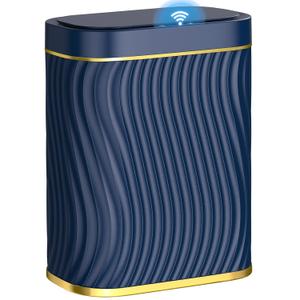 Bathroom Small Trash Can with Automatic Touchless Lid, 2.6 Gallon Smart Garbage Can Narrow Waterproof Trash Bin for Bedroom, Office, Living Room (Gold Blue)