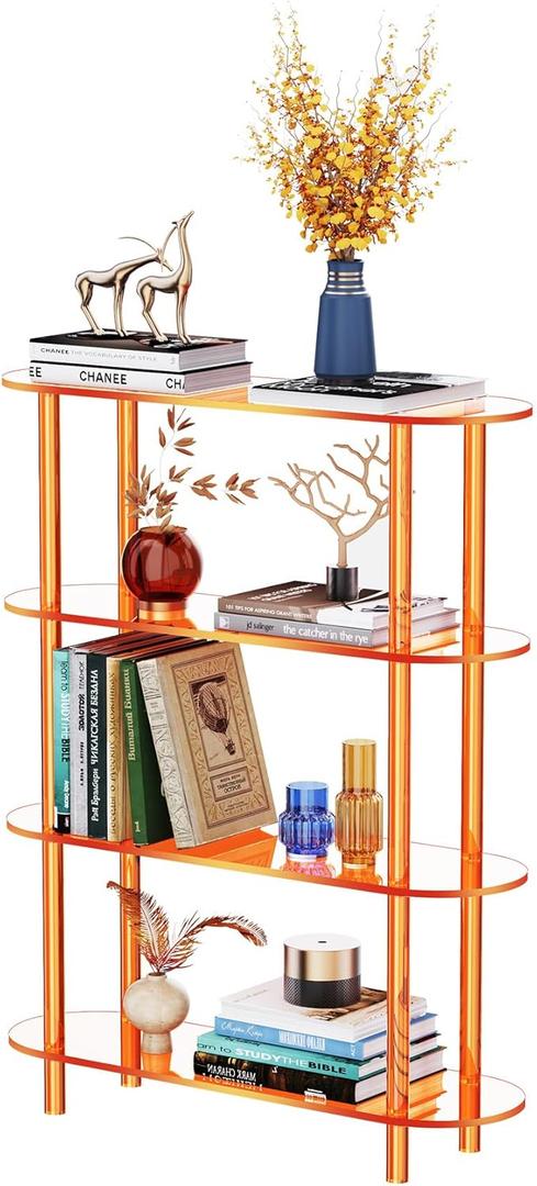 Clear Bookshelf, Acrylic Bookcase with Open Book Shelf for Office Living Room Bedroom (4 Tier Orange)