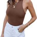 REORIA Womens Sexy Sleeveless Halter Neck Racer Back Leotard High Waist Thong Bodysuits Tank Tops Coffee Large