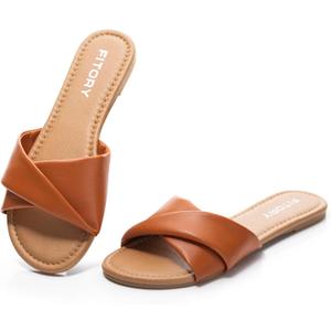 FITORY Women's Flat Sandals Fashion Slides With Soft Leather Slippers for Summer Size 6-11 (8, Brown)