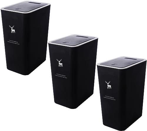Sooyee 3 Pack Bathroom Trash Can with Lid 14L / 3.7 Gallon Slim Trash Can with Pop-Up Lid, Waste Basket for Bathroom,Powder Room,Bedroom,Kitchen,Craft Room,Office,Black
