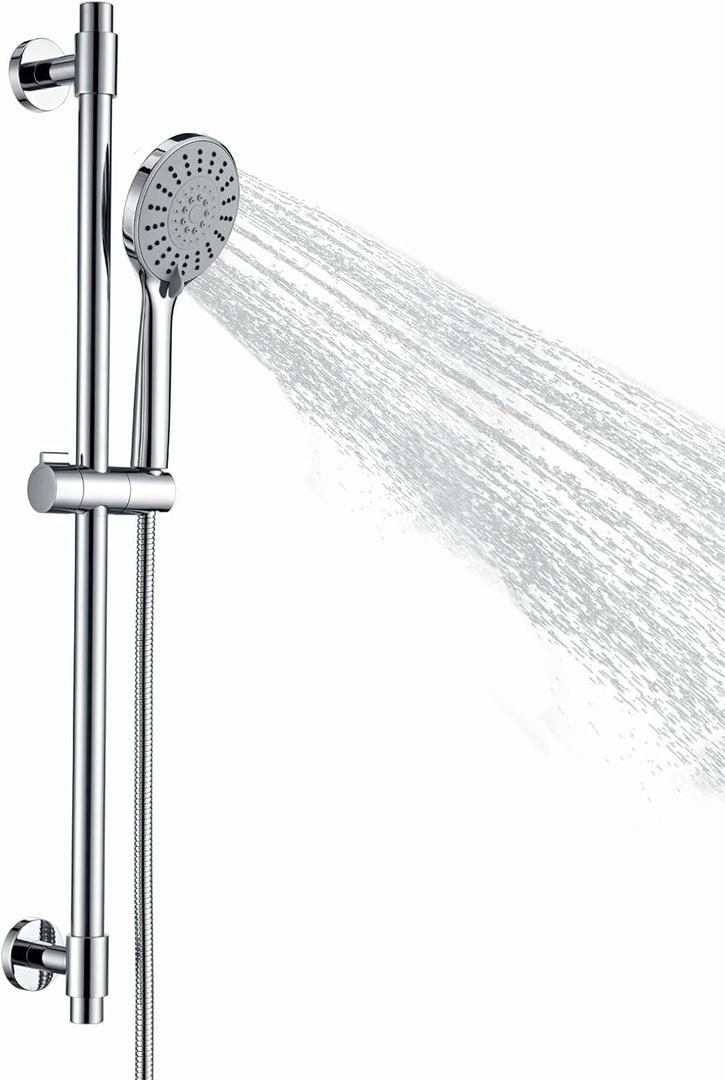 Adjustable Shower Slide Bar with 5-Function Handheld Shower Head, Stainless Steel Grab Slide Bar Combo with Extra Hose (Chrome)