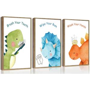 3Pcs Dinosaur Nursery Canvas Wall Art Funny Cute Dinosaur Bathroom Painting Pictures Wall Decor Posters Prints Artwork for Toilet Lavatory Home Decoration Unframed