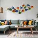 metal fish wall decor,59''X19.6'' school of 14 fish metal wall art Large Nautical Colorful Fish Wall Dcor Coastal Ocean 3D starfish decor DIY fish wallart Wall Sculpture Decoration,for Living Room