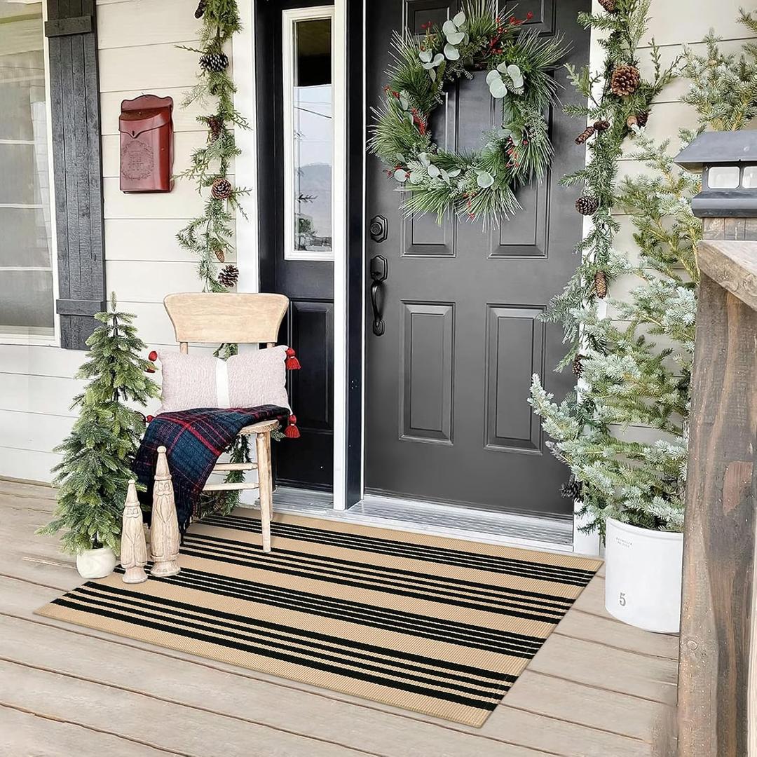 Black and Khaki Striped Rugs 2.3'x3.6', Washable Hand Woven Front Door Rug, Reversible Outdoor Welcome Mat Foldable Layered Door Mats for Entryway Porch Decor Home Entrance