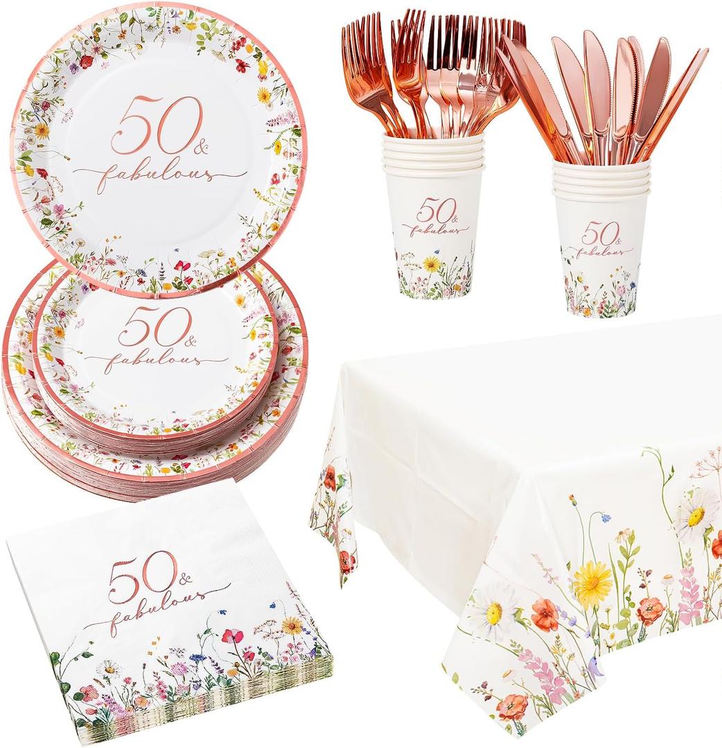 Crisky 50th Birthday Plates and Napkins Set, 50 Fabulous Disposable Paper Tableware Set of 24 for Women 50th Birthday Decorations for Her(Plates, Napkins, Cups, Tablecloth, Knife & Fork)