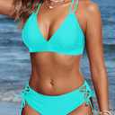 Women's Two Piece Bikini - Push Up Swimsuit Set V Neck Lace Up Bathing Suit 2026 Swimwear (Blue, L)