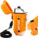 LcFun Arc Plasma Waterproof Lighter Electric Windproof Lighter USB Type C Rechargeable Flameless Cool Lighters with Flashlight for Camping, Survival,Outdoor Adventure, Tactical (Orange)