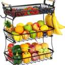 3 Tier Fruit Basket Bowl with 2 Banana Hangers for Kitchen Counter, Vegetable Countertop Produce Storage Holder, Large Capacity Metal Wire Fruits Stand Organizer for Onion Potato Bread Snack, Black
