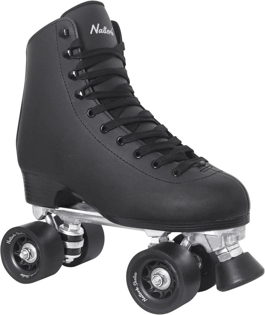 Nattork Roller Skates for Women, PU Leather High-top Quad Skates for Beginner, Indoor Outdoor 4 Wheels Double-Row Skates for Adults (Women's 14/ Men's 13, Black)