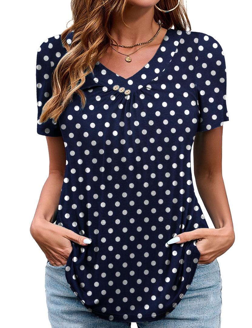 OIDUICOULD Womens Plus Size Tops Short Sleeve Shirts V Neck Casual Soft Blouse Navy Polka Dot 3X (Blue, XXXL)