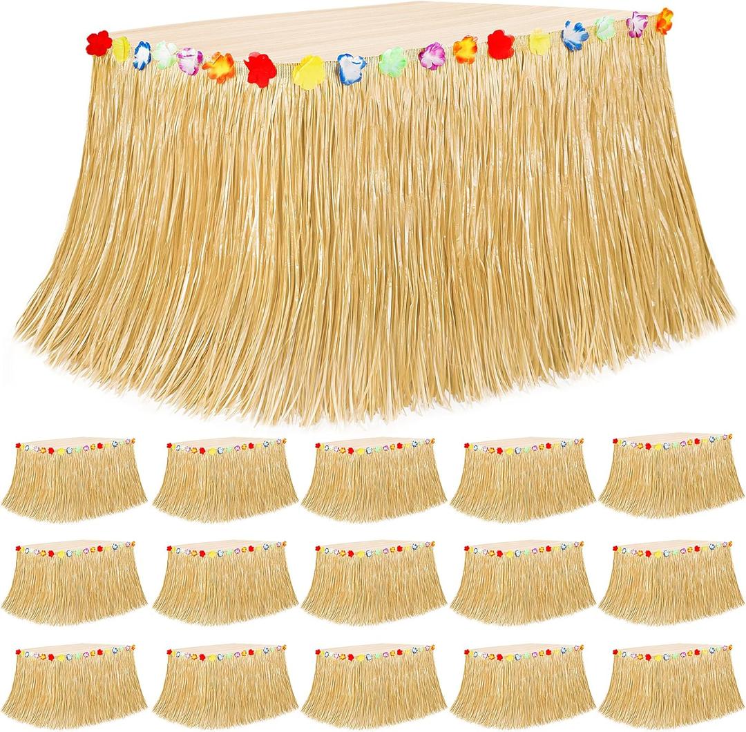 16PCS Luau Table Skirt Decor, Gold Hawaiian Themed Grass Table Skirt Party Decorations, 108 X 29.5" Flower Tropical Hula Dance Parties Supplies, Table Skirt Bulk for Summer Beach Themed Activities