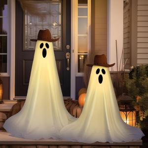 Eurzom 4 Pcs Western Cowboy Halloween Ghost Decorations Set Include DIY 3.94 ft Spooky Cowboy Ghost Kit with Western Hat for Outdoor Party Indoor Porches Yards Gardens Lawn