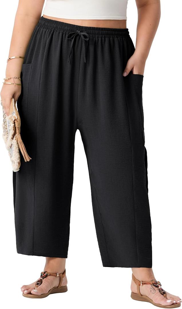 OLRIK Plus Size Pants for Women Wide Leg Cropped High Waisted Flowy Lightweight Pull On Loose Fit Summer Palazzo Pants (Size 2X)