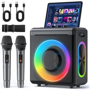 Karaoke Machine with 2 Wireless Microphones: Portable Bluetooth Speaker for Adults & Kids - PA System with Lights Supports TWS/TF Card/USB/AUX for Home Party-Studio Monitors (Gray)