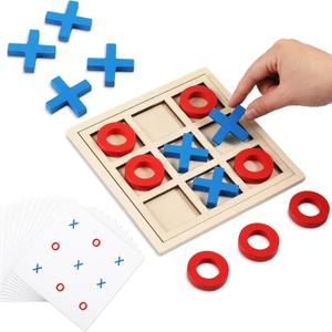 Jumbo Wooden Tic Tac Toe Game Dementia Activities for Alzheimers Seniors with Matching and Puzzle Templates XO Chess Board Game for Elderly Engaging Table Decor (Blue, Red)