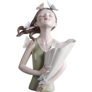 Girl Figurines Flower Vase Resin Girl Statue Sculpture Floral Flower Pots Flower Holder Desktop Planter for Home Office Table Ornaments - Green