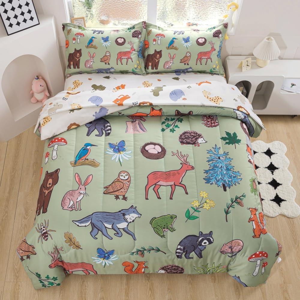 lishjekee Jungle Animal Comforter Twin 5Pieces Kids Wild Animal Bedding Set Bed in A Bag Forest Wildlife Comforter and Sheets Set for Boys Girls Woodland Bear Wolf Deer Bed Set Home Decor
