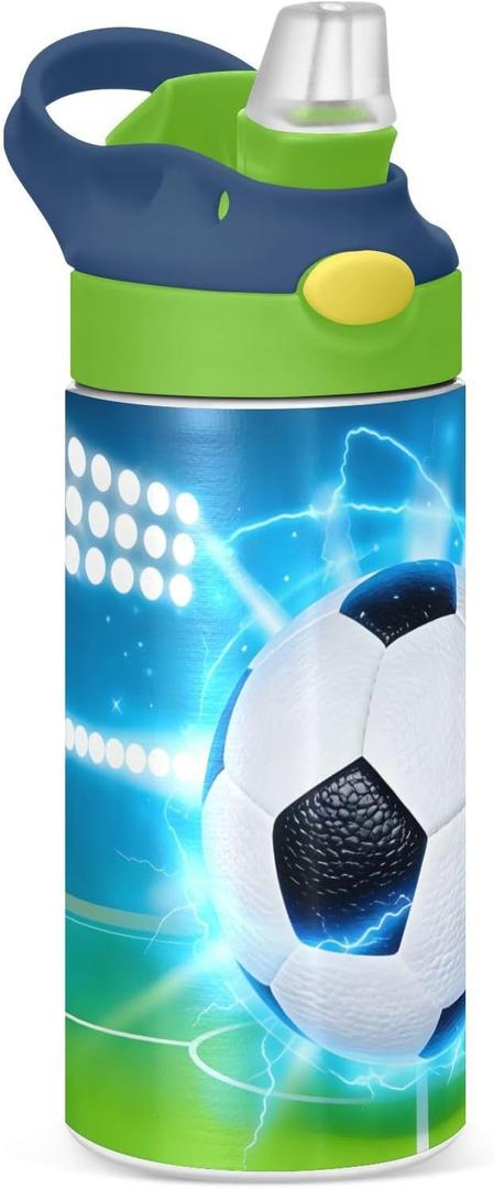 Soccer Ball on Field Kids Water Bottle with Straw Lid Insulated Stainless Steel Reusable Tumbler Leakproof Vacuum Boys Girls Toddler School Sports 12oz (A007)