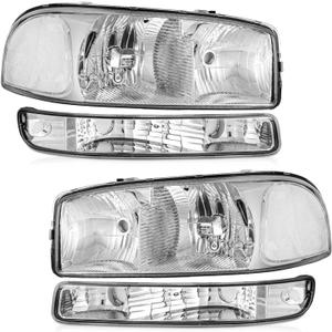 WEELMOTO headlights Assembly for 1999 2000 2001 2002 2003 2004 2005 2006 GMC Sierra 1500 2500 3500/99-06 GMC Yukon/ 00-06 GMC Yukon XL,Chrome Housing Clear Reflector, Headlights Assembly Replacement