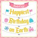 Happiest Birthday on Earth Banner Princess Bday Party Decorations Girls Kids Castle Birthday Baby Shower Party Supplies (Gold)