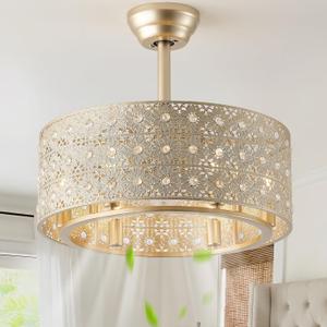 20" Gold Fandelier Crystal Ceiling Fans with Lights, Cage Gold Chandelier Ceiling Fan with Light Remote Control, 6-Speed for Bedroom, Nursery, Foyer, Living Room