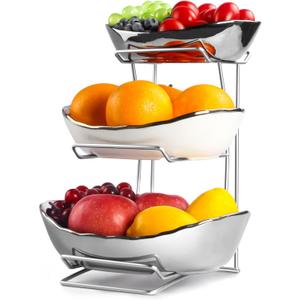 Fruit Bowl for Kitchen Counter, 3 Tier Fruit Basket for Counter, Ceramic Fruit Holder, Tiered Fruit Stand with Metal Stand, Detachable Rack for Fruit Vegetable Snack Dessert Storage (Silver)