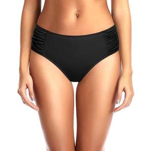 Tempt Me Women Bikini Bottoms Mid Waist Bathing Suit Swimsuit Ruched Swim Bottom Small Black