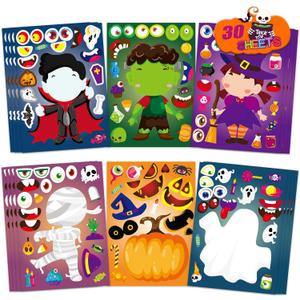 xutengy 30Pcs Halloween Stickers Party Favors for Kids Toddlers , Make a Face Zombie Witch Vampire Self Adhesive DIY Classroom Treats Game Goody Bag Filler (Halloween A)