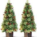 4FT Outdoor Christmas Tree with Lights in Vintage Potted Base, Battery Operated Xmas Tree with Cedar Branches & Pinecones, 100 LED Warm Lights with Timer, Porch Entryway Holiday Decor,Set of 2