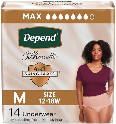 Depend Silhouette Adult Incontinence & Postpartum Bladder Leak Underwear for Women, Maximum Absorbency, Medium, Pink, 14 Count, Packaging May Vary
