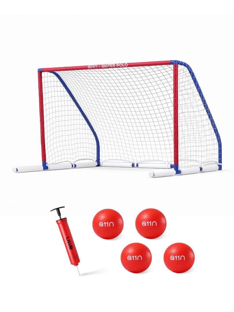 A11N Sports Floating Water Polo Goal Set Large 4.7ft x 3.1ft Pool Net with 4 Balls Fun Summer Backyard & Pool Game - Blue & Red