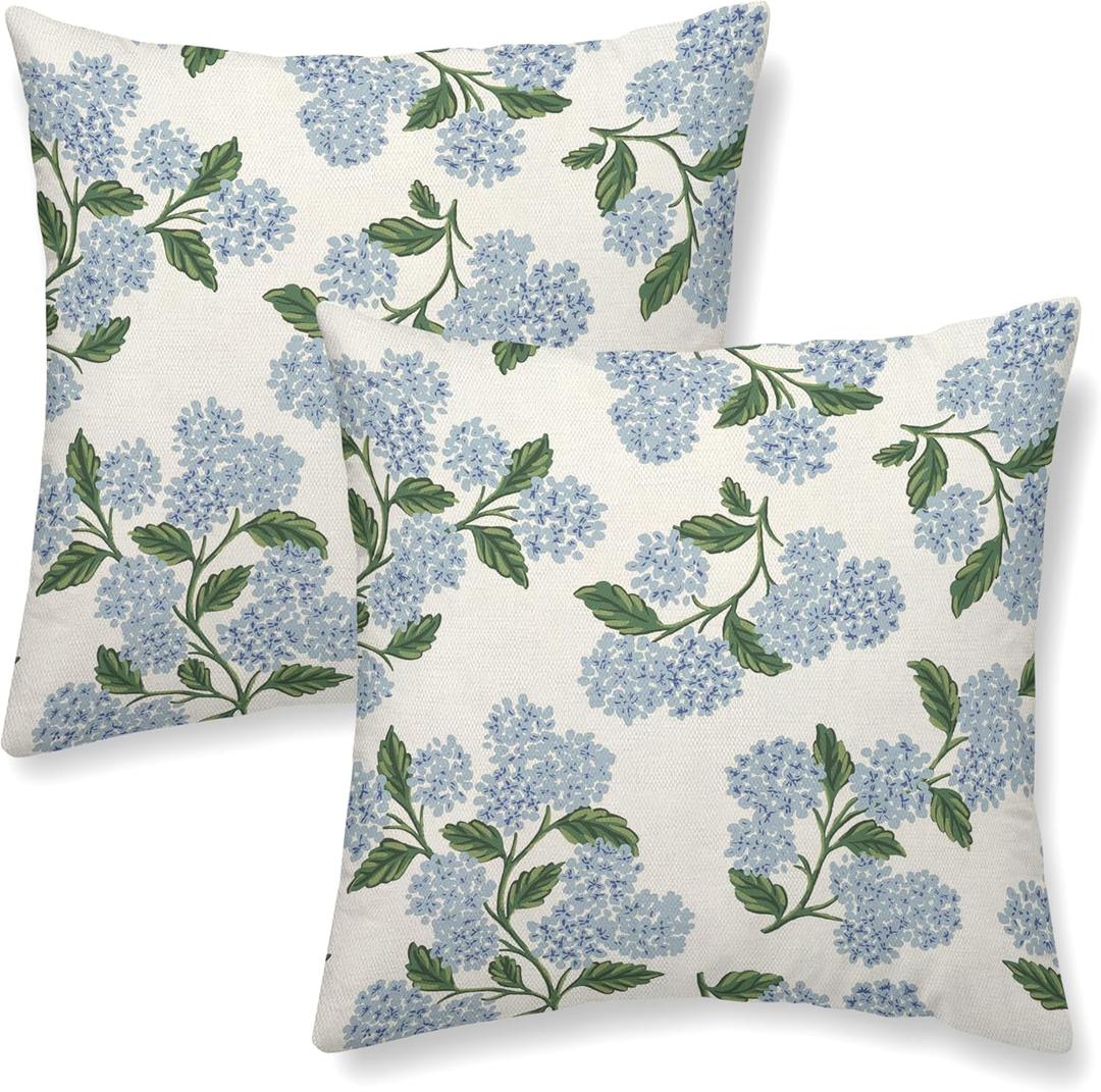 Blue Throw Pillow Covers 18x18 Inch 2 Pcs Blue Green Hydrangea Floral Outdoor Decor Pillow Covers Vintage Flower Spring Summer Seasonal Decorative Pillowcase Linen Cushion Cover for Couch Sofa