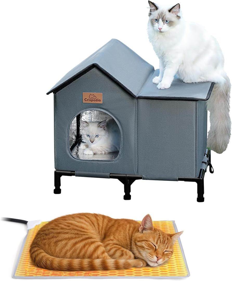 Weatherproof Heated Cat House for Outdoor in Winter, Elevated Outdoor Cat Shelter for Feral Cat, Insulated Cat Bed for Outside Stray Cat Kitty, 20x13x16 inches, Grey, Heated