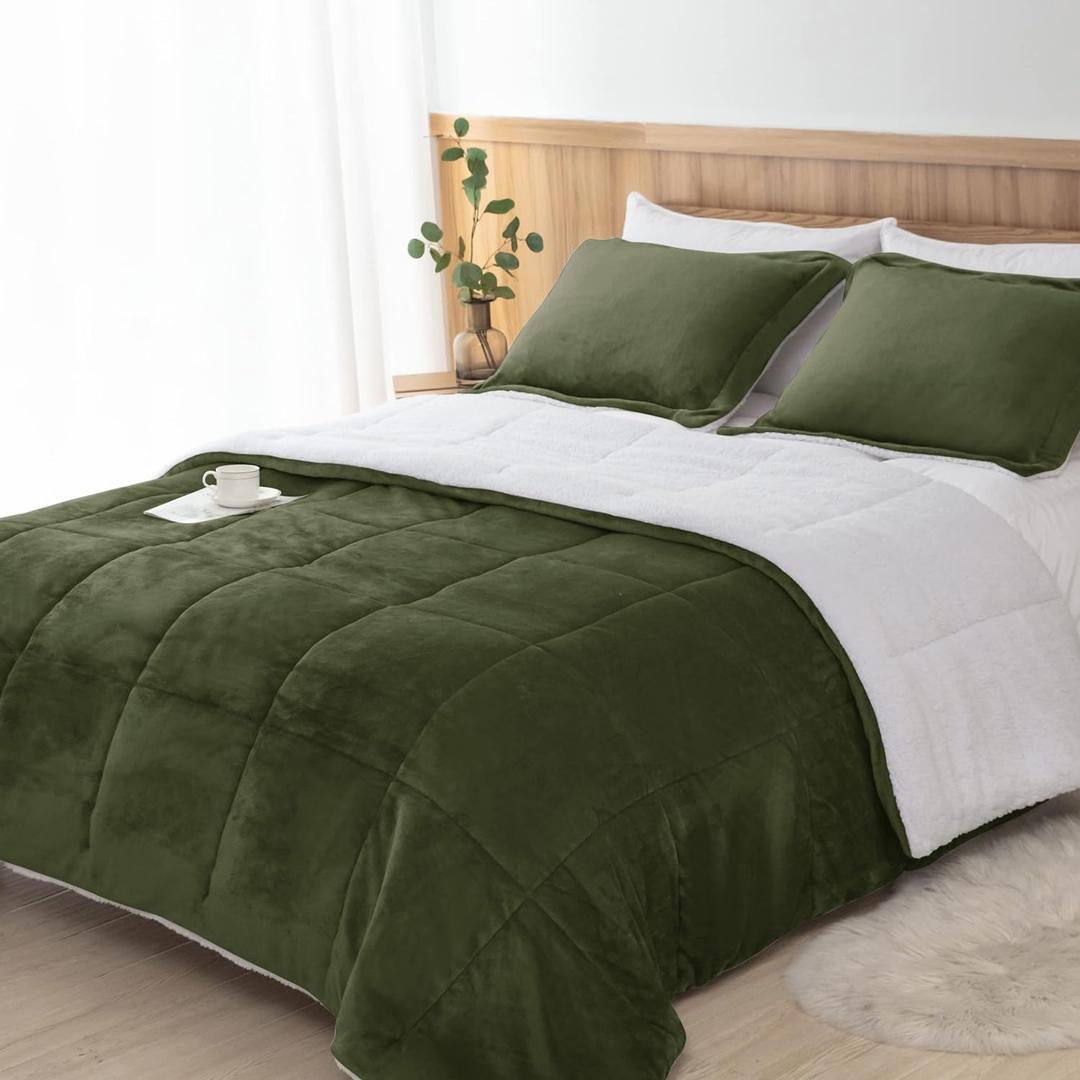 Seward Park Olive Green Sherpa Comforter Set King Size, All Season Soft Warm Fleece Fall Blanket, Winter Bedding Sets with 2 Pillow Shams