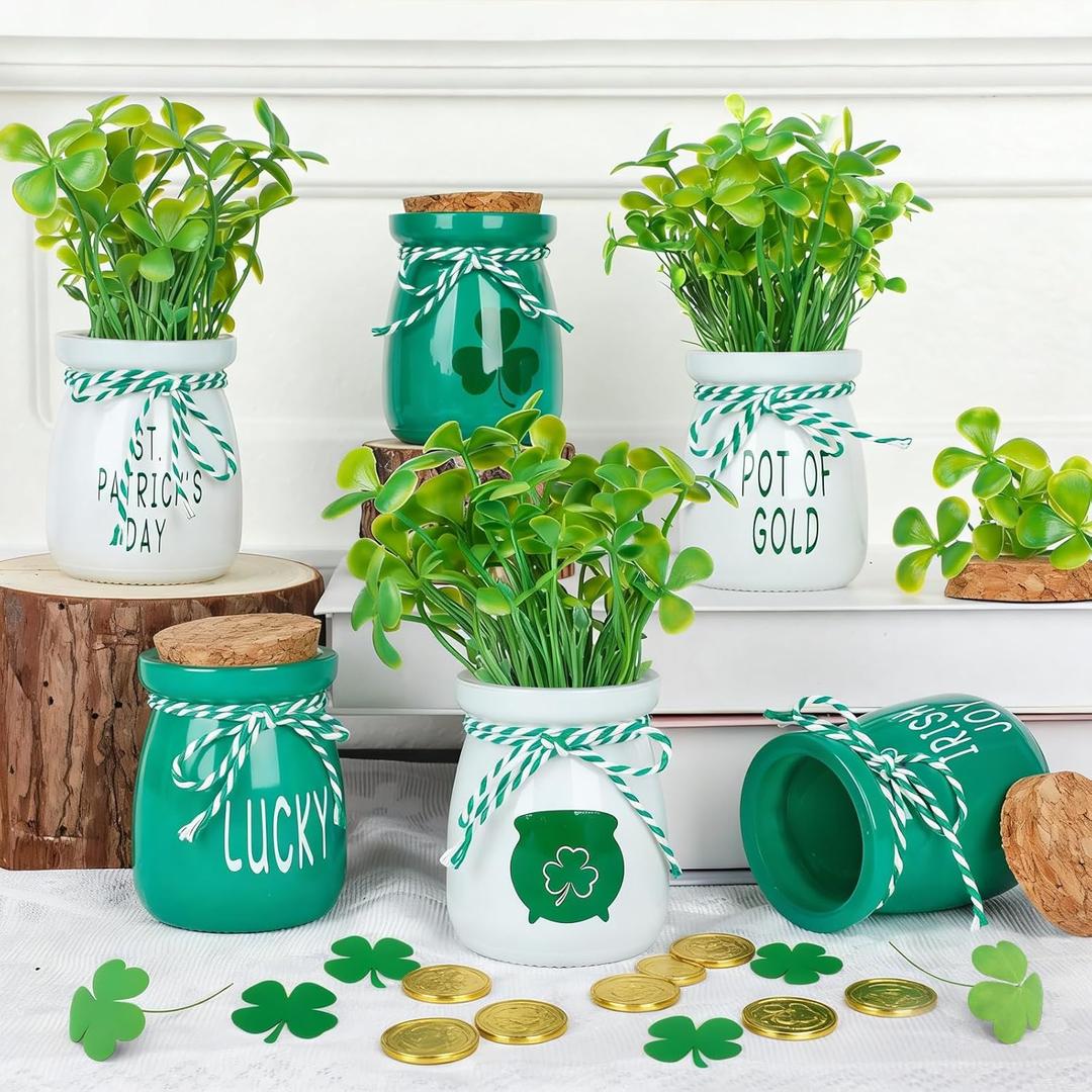 St Patricks Day Decoration - 6PCS St.Patrick's Day Mini Mason Jars with Artificial Shamrock White Green Decorative Jars Saint Patricks Tiered Tray Spring Decor for Home Kitchen Farmhouse Table