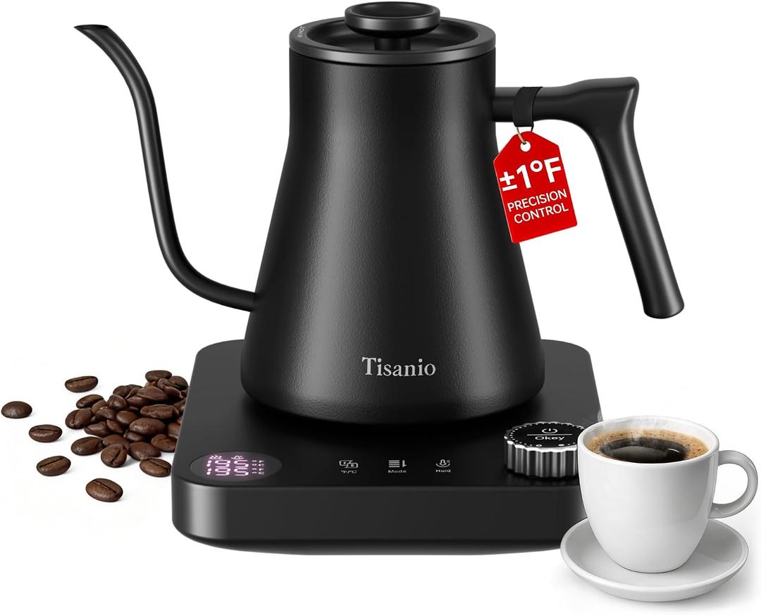 Gooseneck Electric Kettle for Pour Over Coffee, 1F Precision Control, Smart Two-Stage Heating, 2-Hour Keep Warm, 0.9L Stainless Steel Electric Kettle, Black
