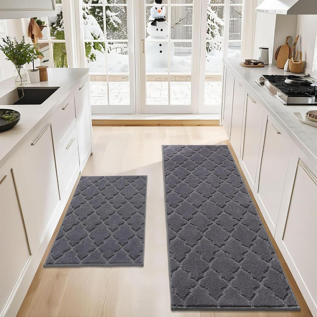 COSY HOMEER Soft Kitchen Rugs [2 PCS] for in Front of Sink Super Absorbent Kitchen Floor Mats and Mats 20x59 Inch/24X35 Non-Skid Kitchen Mat Standing Mat Washable,Polyester,Grey