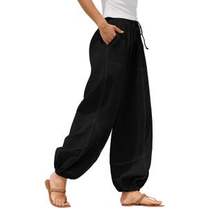 ZAFUL Women Casual Linen Pants Drawstring Fall Lounge Beach Summer Pants with Pockets 2025 Travel Vacation Outfits (Large, Black)