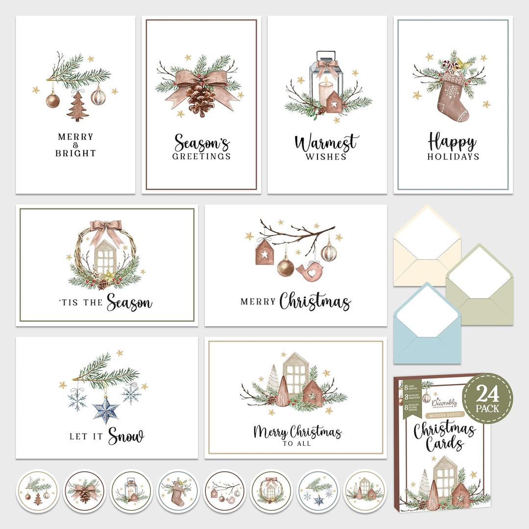 Decorably 24 Pack 4x6in Modern Rustic Merry Christmas Cards with Envelopes and Stickers - 8 Holiday Designs Seasons Greetings for Family, Friends & Loved Ones, with Printed Message, Gifting, Mailing