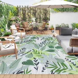 Lahome Leaf Indoor Outdoor Rug 8x10, Non Slip Outdoor Patio Rug for Camping Picnic, Portable Large Outdoor Rugs for Balcony Deck Backyard, RV Mat Outdoor Carpet for Living Room Bedroom,Green