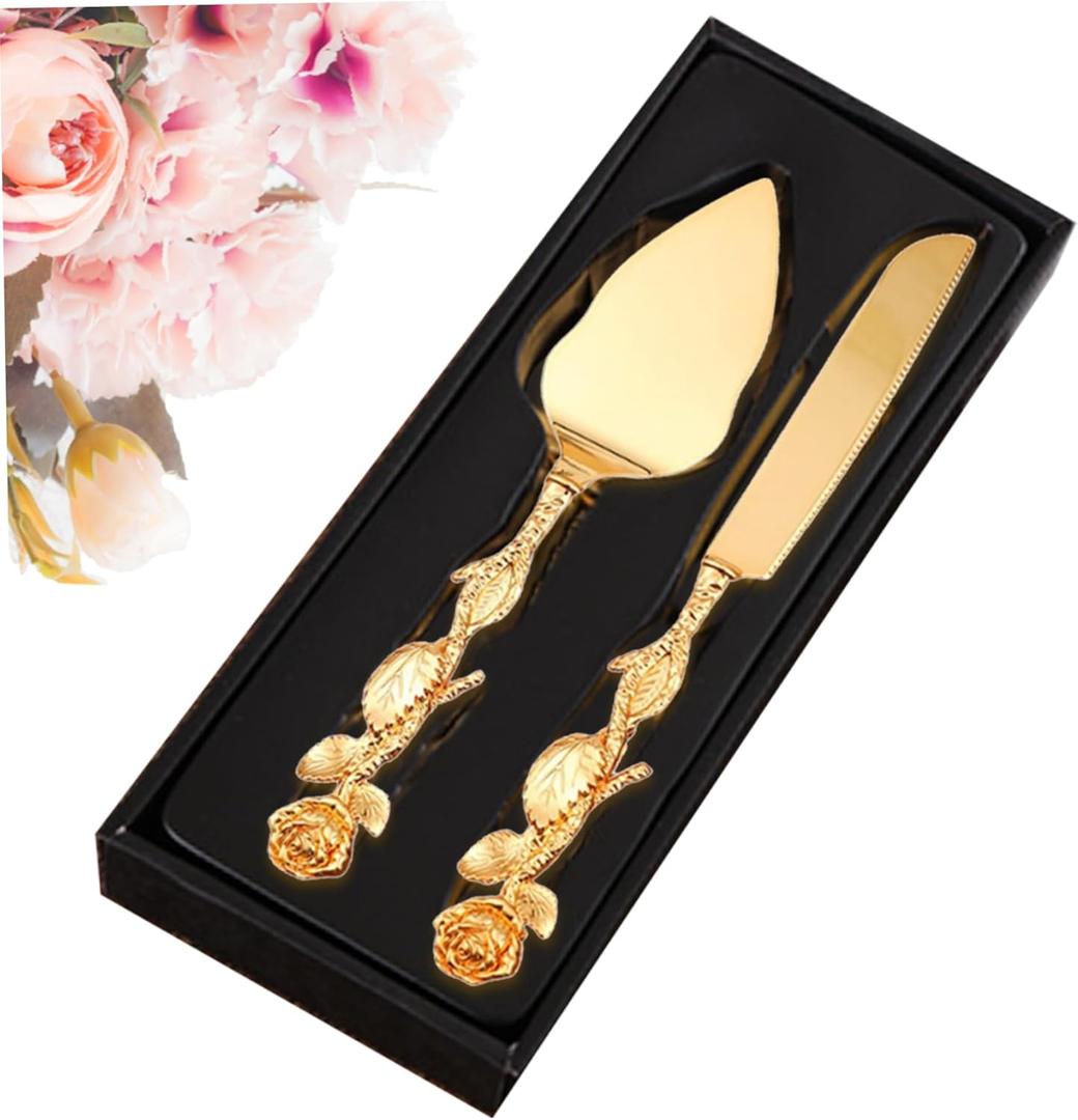 Wedding Cake Server Set, Gold Cake Cutting Set for Wedding Cake Cutter and Server Set with Rose Handle Wedding Cake Knife and Server Set for Wedding, Birthday