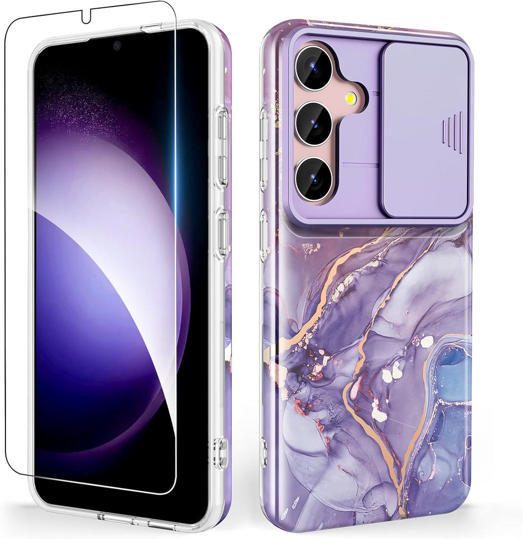 SHEDEER for Samsung Galaxy S25 Case, with Slide Camera Cover & Screen Protector, Chic Pattern, Shockproof 360 Degree Protective Slim Thin Phone Case Cover for Galaxy S25, River Purple