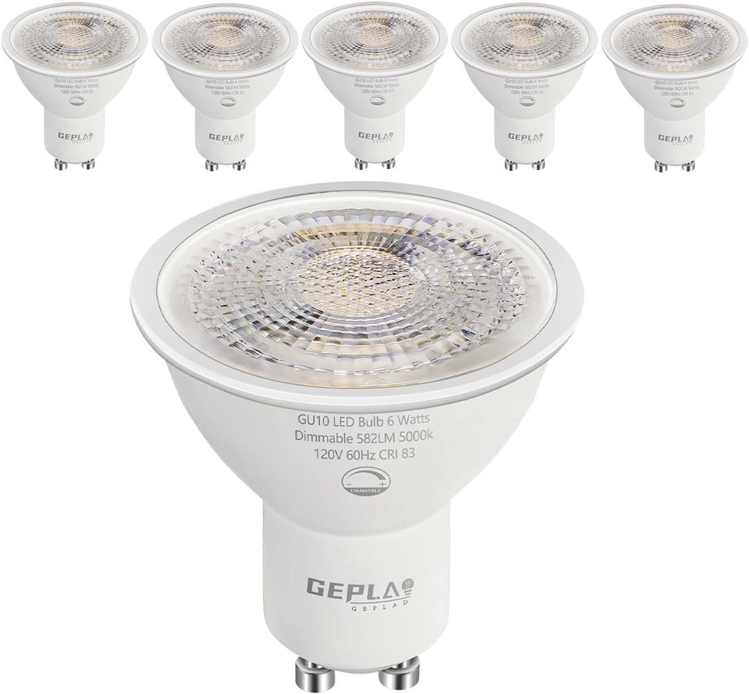 GEPLAD 6 Pack GU10 LED Spotlight Bulbs,Dimmable, 5000K Daylight 582LM, 50W or 60W Halogen Equivalent,6W Recessed Light Bulbs for Kitchen, Range Hood, Living Room, Bedroom