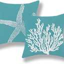 GOLIANDA Coastal Pillow Covers 20x20 Set of 4 Aqua Teal Turquoise Coral Starfish Throw Pillows Nautical Ocean Decorations Summer Linen Beach Pillowcase Outdoor Decor Farmhouse Cushion Case for Couch