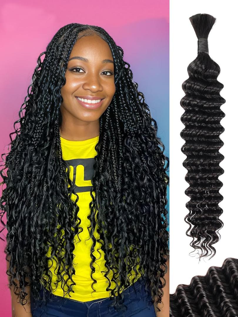 Human Braiding Hair 2 Pcs Total 100g 20 Inch Deep Wave Natural Black Bulk Human Hair Bundles Braiding Brazilian Virgin Curly Human Hair Extensions Bundles for Boho Braids
