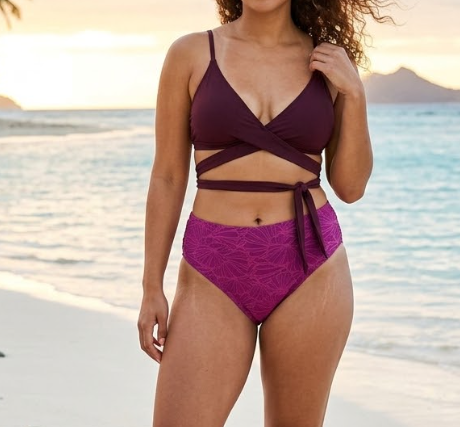 Beachlife Purple Bikini Set, Deep Burgundy Triangle Top and High-Leg Bottoms, Large