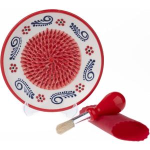 Ceramic Garlic Grater Plate - Handmade 4 Pcs Press - Natural Grinder - Decorative Mincer - Ginger, Cheese Grater - Hand Dish (Apple Red)